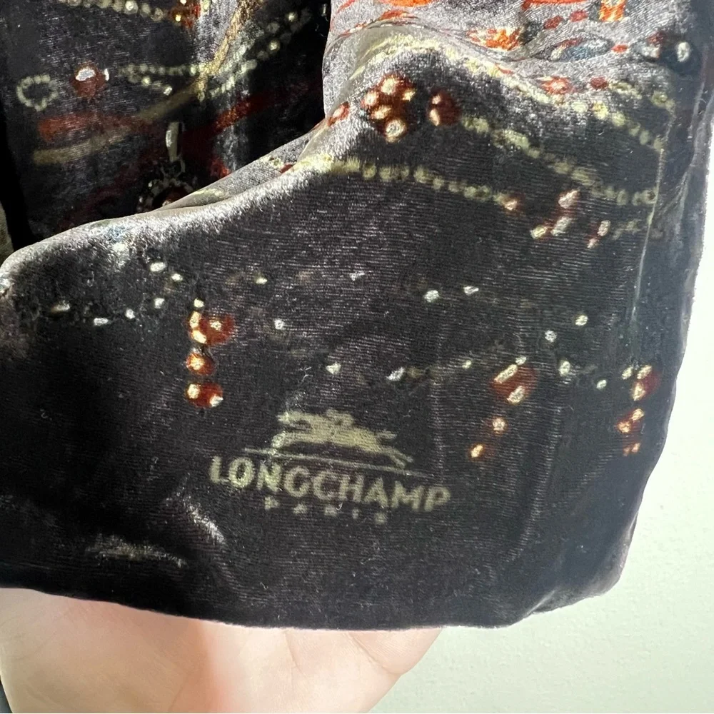 Longchamp Rectangle Brown Crushed Velvet silk blend made in Italy scarf